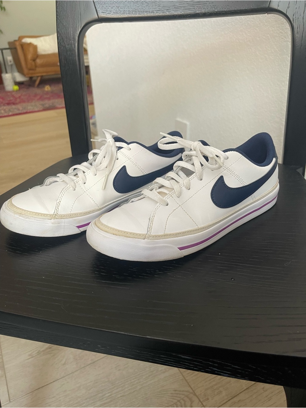 Nike Women’s White Sneakers with Navy Swoosh and Purple Stripe